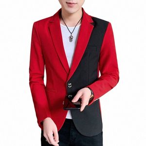 Blazer casual para hombres Ropa coreana Fi Ropa Patchwork Traje Chaqueta Hombre Verano Fino Guapo Desgaste Slim Fit Abrigo Rojo Blanco Azul I7BV #