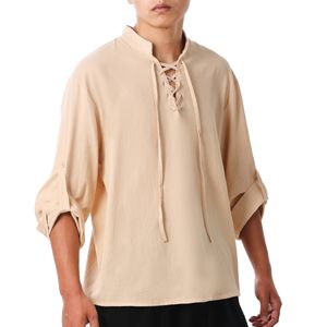 Casual blouse voor heren Vintage stijl Middeleeuws Vetersluiting V-hals Piraatoverhemd Tops T-shirt met lange mouwen Schuine knoopsluiting Yogashirts