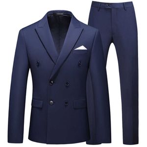 Boutique casual para hombres Negocios Doble botonadura Traje Abrigo Conjunto de 2 piezas / Masculino Color Sólido Slim Fit Blazers Chaqueta Pantalones Pantalones X0909