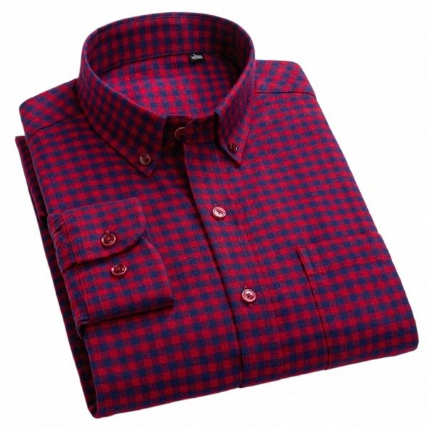 Chemise décontractée en coton brossé pour hommes, manches Lg, coupe standard, confortable, épaisse, à carreaux vichy, en flanelle, w0dG #