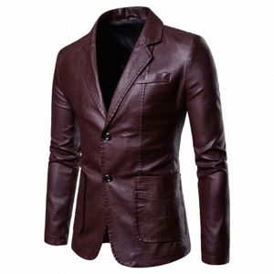 Manteau décontracté pour hommes Costume en cuir solide Blazers à simple boutonnage Veste Slim Col à revers Poche Chaud Lg Manches Costume Manteaux S1eI #