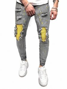 Heren Casual Creatieve Street Style Hoge Stretch Verf Ploetert Gescheurd Ontwerp Slim Fit Jeans Denim Broek Voor Lente Zomer 15wD #