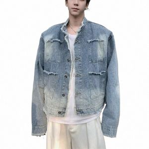 Mannen Casual Denim Jasje Streetwear Ripped Stand Kraag Koreaanse Uitloper Vrouwen Harajuku Retro W Cropped Losse Jeans Jas Nieuwe q21T #
