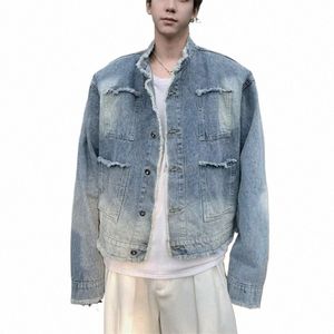 Mannen Casual Denim Jasje Streetwear Ripped Stand Kraag Koreaanse Uitloper Vrouwen Harajuku Retro W Cropped Losse Jeans Jas Nieuwe u5ql #