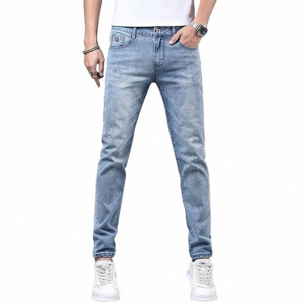 Jeans en denim décontractés pour hommes avec coupe ajustée déchirée extensible élégant bleu clair Wed Luxury Designer Boyfriend Classic Jeans i7HX #
