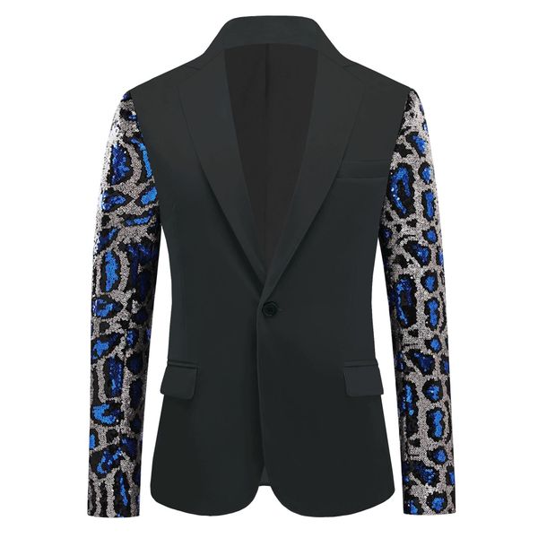 Blazer Léopard Décontracté pour Homme Costume de Scène Chanteur Concert Performance Paillettes Manteau Smoking Hôte Costume Vestes Bouton Unique Mince Noir