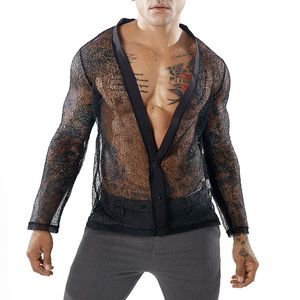 Hommes décontracté maille chemises transparentes T-Shirt garçons chemise à manches longues haut en V profond Cardigan hauts Cool T-Shirt pour hommes