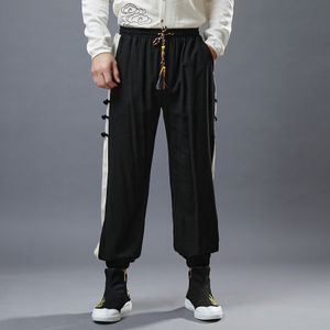 Casual broek voor heren, losse lantaarnbroeken Chinese stijl Sweatpants elastische taille sportkleding katoen linnen etnisch streetwear