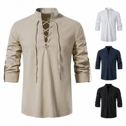 Chemise décontractée pour hommes, col montant gothique, manches Lg, hauts en lin Cott Henley, chemises amples à col montant, bloluses à lacets, p51m #