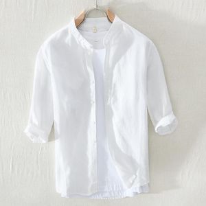 Chemises décontractées pour hommes 035 arrivée coton lin blanc pour les jeunes beau mâle ample col montant Simple quotidien hommes été hauts minces