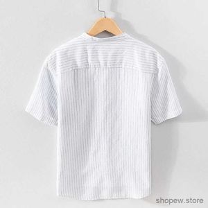 Camisas informales para hombre, 100% lino, estilo italiano, camisas de verano de marca, camisa a rayas informal a la moda para hombre, tops con cuello levantado, ropa, camisa