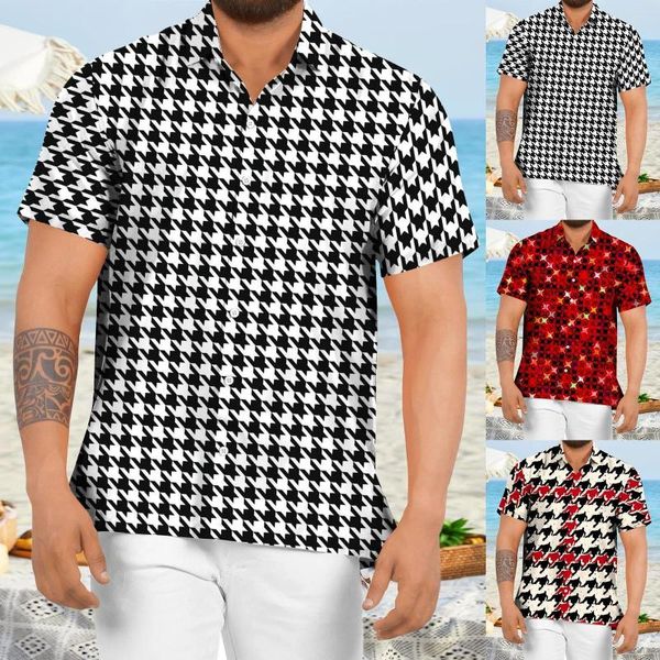 Chemises décontractées pour hommes 100D carreaux à quatre côtés à manches courtes col rabattu bouton chemisier homme plage Plaid imprimé Slim Cardigan