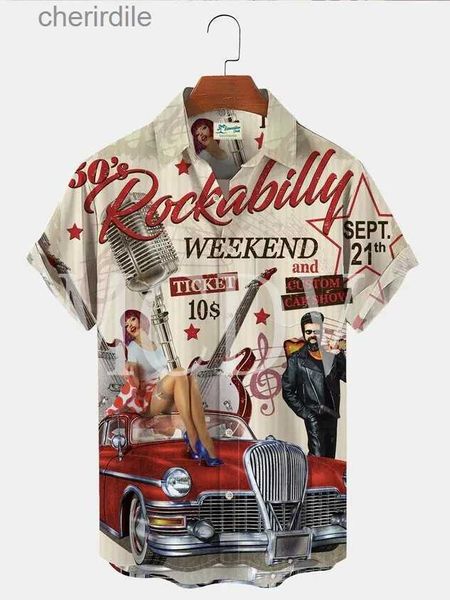 Chemises décontractées pour hommes 1960 Retro Mens Mens Hawaiian Rockabily Shirt Large Music Car Aloha Shirt YQ240408