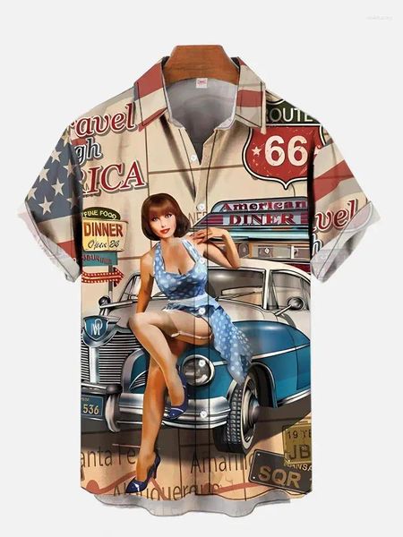 Chemises décontractées pour hommes 1970-1980S Pinceau vintage Affiche Hawaiian Beach Cowgirl imprimé Short Shirt Shirt Fashion Retro Car pour hommes