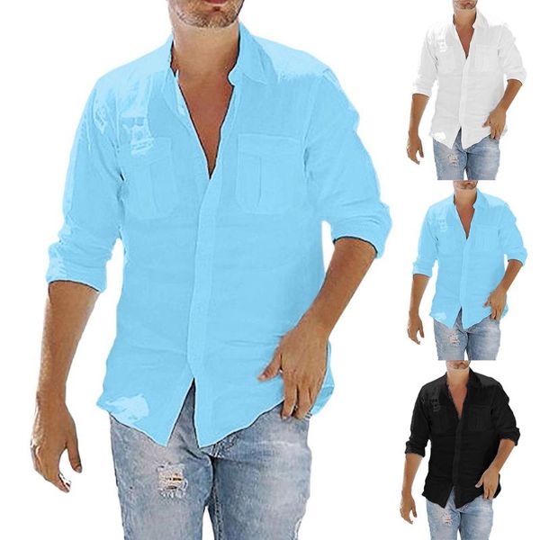 Hommes chemises décontractées 2021 Blouse coton lin chemise hauts amples à manches longues rétro poche couleur unie haut grande taille 5XL