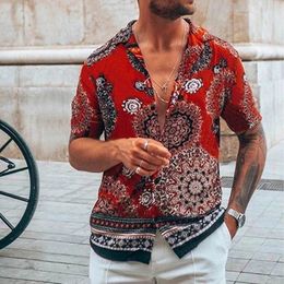 Heren Casual Shirts 2021 Shirt Europa Verenigde Staten Mannen Hawaii Print Henry Collar Trend Man Social Party Rode Korte Mouw