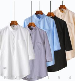 Casual shirts voor heren 2021 Leer- en zomerstijl Katoenlinnen shirt Stand-up kraag halve mouwen halfbutton losse top