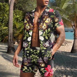 Hommes chemises décontractées 2022 plage mode papillon vent imprimer deux pièces ensembles pour hommes à manches courtes chemise et cordon Shorts costumes homme