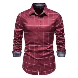 Hommes chemises décontractées 2022 grand Plaid Patchwork rouge chemise hommes mince à manches longues bouton Up formel pour hommes bureau affaires CamisasMen's