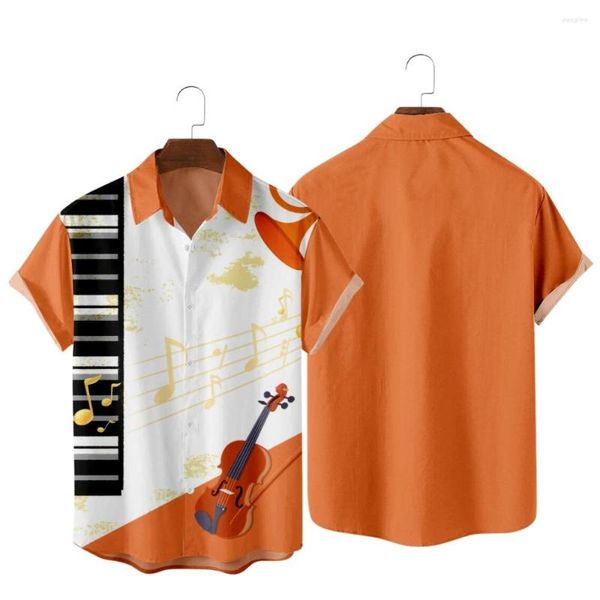 Chemises décontractées pour hommes 2022 Élégant piano et violon motif imprimé chemise mode hawaïenne plage été poche pour hommes femmes