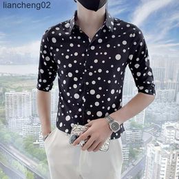 Casual shirts voor heren 2022 mode polka dot heren shirt 3/4 mouwen slanke casual shirt zakelijk kantoor formele kleding shirts sociaal feest streetwear tops w0410