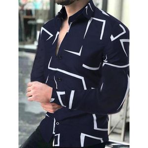 Heren Casual Shirts 2022 Geometrische Print Mannen Mode Turn-Down Kraag Knoopt Shirt Herfst Lange Mouw Vest Streetwear