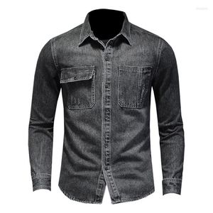 Casual shirts voor heren 2022 Jeans shirt heren denim katoen zwarte revers lange mouw mode slanke motorfiets stijl cowboy dunne jas