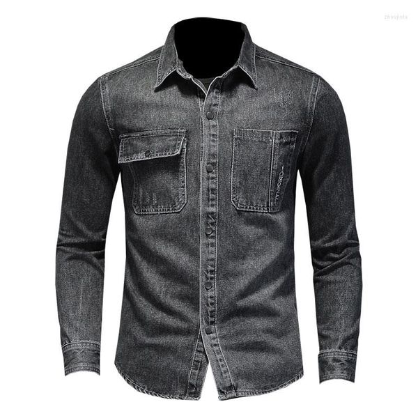 Chemises décontractées pour hommes 2022 Jeans Chemise Hommes Denim Coton Noir Revers Manches Longues Mode Slim Moto Style Cowboy Mince Manteau