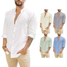 Heren Casual Shirts 2022 Linnen Standing Kraag Mannelijke Effen Kleur Lange Mouwen Katoenen Shirt Tops Zomer Chemise Homme # G