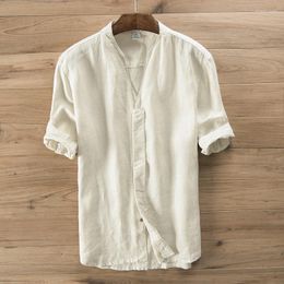 Casual shirts voor heren 2022 Heren Vintage Half Sleeve linnen v-hals slanke fit shirt verborgen knoopmerk Chinese stijl Breadbare kleding