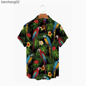 Chemises décontractées pour hommes 2022 Surdimensionné Été Hommes Chemise hawaïenne à manches courtes Col ouvert Bouton unique Animal Perroquet Imprimer Mode Beach Top W0328