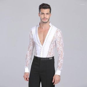 Heren Casual Shirts 2022 Prestaties Sociale Moderne Dans en ChaCha Top Diepe V Kant Lange Mouw Latin Salsa Stijl Mannen