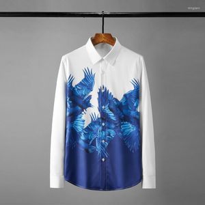 Hommes chemises décontractées 2022 mouette imprimé mâle luxe à manches longues soie affaires coton t-shirt hommes mode fête blanc homme 3XL