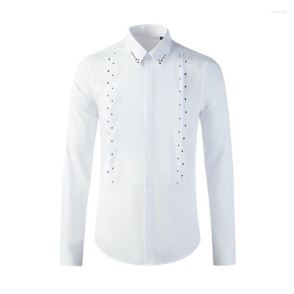 Chemises décontractées pour hommes 2022 Chemise Personnalité Front Patchwork Col Forage Tchèque Strass Hommes À Manches Longues Slim Blanc