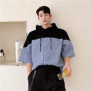 Chemises décontractées pour hommes 2022 Summe Mode coréenne Patchwork Sweatshirts Style Pulls à manches courtes T-shirts Bleu Rayé Tops surdimensionnés Blouse