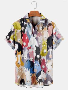 Chemises décontractées pour hommes 2022 été hommes mignon cheval imprimé Harajuku Vintage boutonné à manches courtes mode Blouses