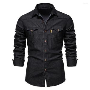 Camisas informales para hombre, tendencia 2022, talla estadounidense, camisa vaquera sin planchar, Color sólido, manga larga para hombre