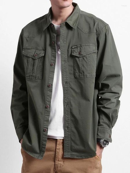 Camisas casuales para hombres 2023 Otoño Clásico Sólido Manga larga Algodón Hombres Ropa Khaki Ejército Verde Camisa de trabajo Blusa suelta masculina