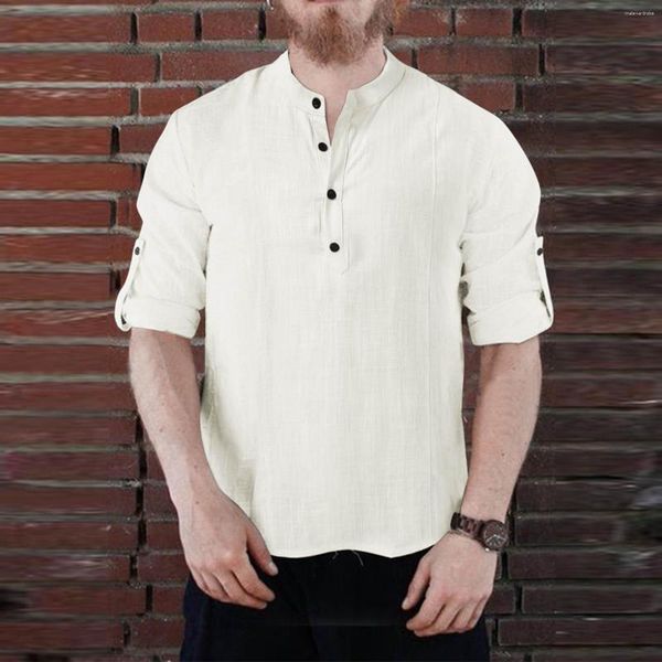 Camisas casuales para hombres 2023 otoño algodón lino hombres manga larga botón suelto con cuello en v color sólido calle desgaste blusa tops camisetas