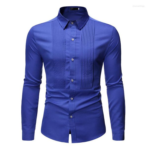 Camisas informales para hombre, esmoquin Social Formal plegable de otoño 2023 para hombre, camisa ajustada de manga larga, azul real, blanco y negro, vestido de oficina de negocios