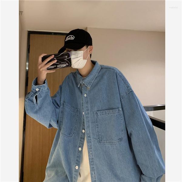 Chemises décontractées pour hommes 2023 Automne Ins High Street Cowboy Shirt Design à l'intérieur du couple simple à manches longues à l'extérieur du revers Denim Camisa Jeans