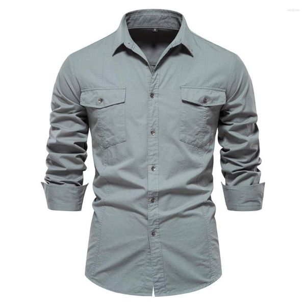Chemises décontractées pour hommes 2023 Automne Style militaire Chemise de poche en coton pour hommes Couleur unie Slim Manches longues