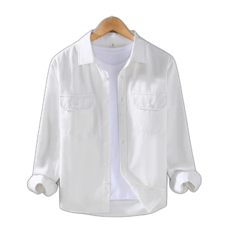 Men's Casual Shirts 2023 Autumn Polo Collar Long Sleeve Shirt Fashion Versatile Pure Cotton Pocket Decoration White High Quality