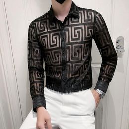 Camisas casuales para hombres 2023 Otoño Sexy Camisa de encaje transparente Hombres Ropa Simple All Match Slim Fit Club de manga larga / Prom Tuxedo Chemise