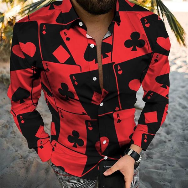 Camisas casuales para hombres 2023 Otoño Invierno Camisa larga Solapa de un solo pecho 3D Último Poker diario Ace Gradient Black Dot Theme Tops masculinos