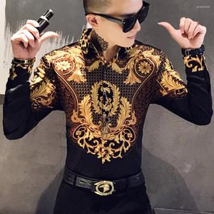 Casual shirts voor heren 2023 Zwart goud print shirt Royal Men's Tuxedo Camisas Fashion Men Club Kleding Slim Barok Banq met lange mouwen