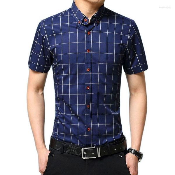 Chemises décontractées pour hommes 2023 Chemise à carreaux bleu hommes revers simple boutonnage blanc gris rouge Camisa Business Chemise grande taille S-5XL