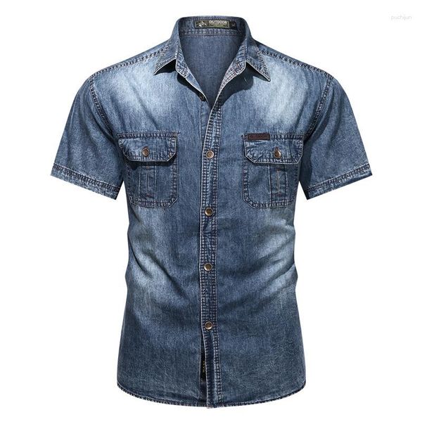 Chemises décontractées pour hommes 2023 bleu Denim chemise à manches courtes hommes été mince revers multi-poches Slim Fit Streetwear hauts à la mode