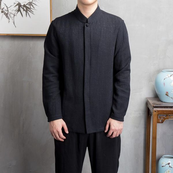 Chemises décontractées masculines 2023 Chinois Coton Linage à manches longues Vêtements hommes Retro Tang Tang Stand Up Collar Top plus Taille Vêtements Mâle