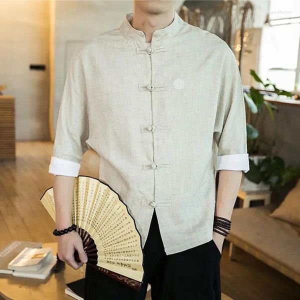 Chemises décontractées pour hommes 2023 Style chinois Hommes Tops Tang Costume Linge Demi-manche Solide Traditionnel Chine Hanfu Chemise Plus Taille M-5XL